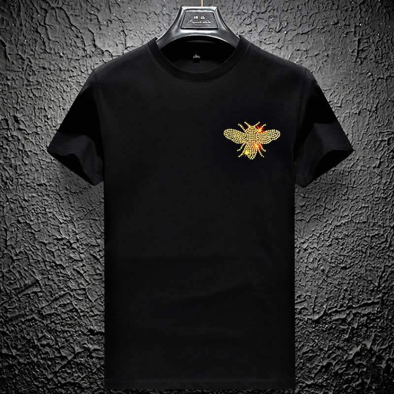 外贸亚马逊跨境小蜜蜂烫钻短袖t恤青年丝光棉男士爸爸装打底衫潮