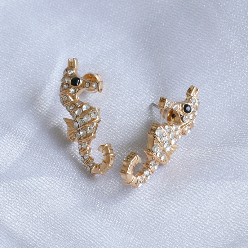 New Ocean Series Full Diamond Glass Hippocampal Earrings Fashion Exaggerated Earrings Wholesale display picture 4