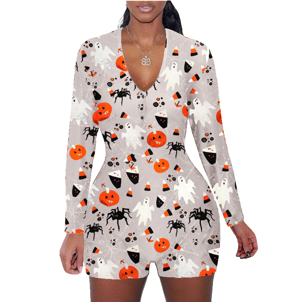 European and American women's Halloween Printed long sleeve shorts home Jumpsuit