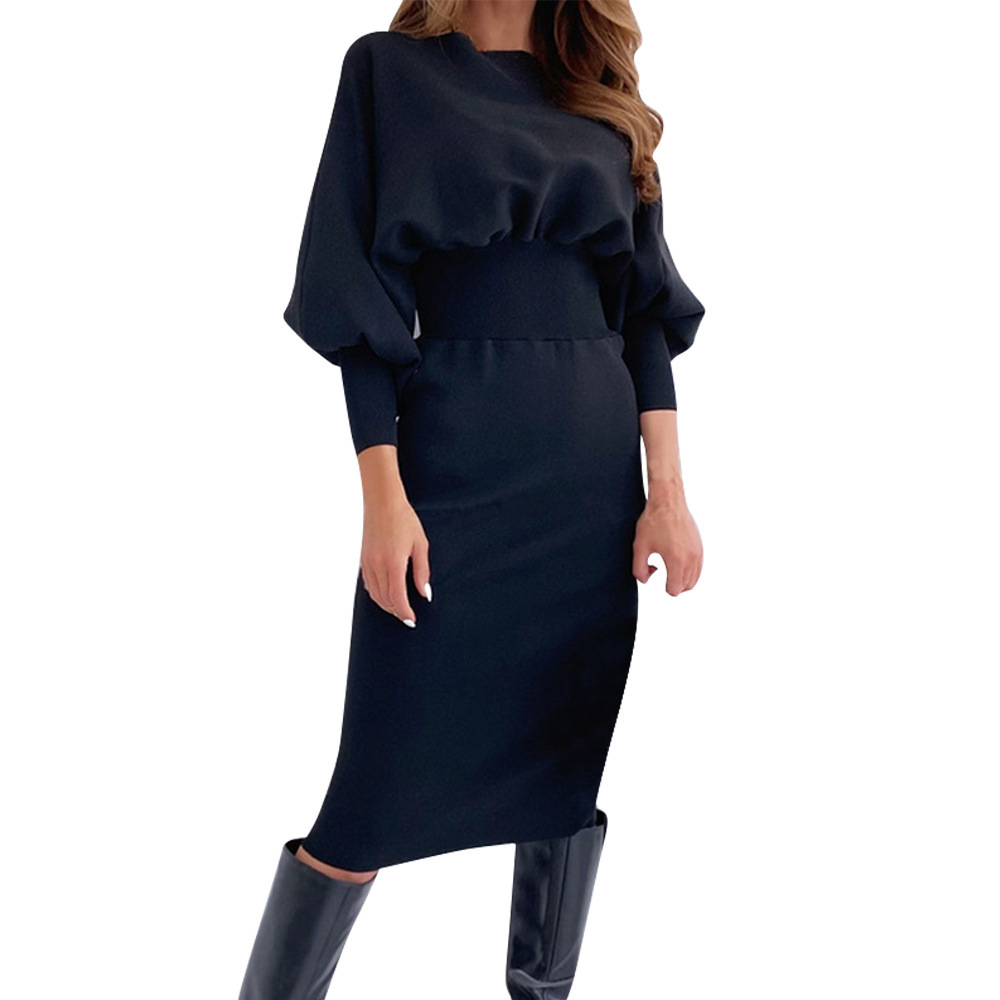 solid color lantern-sleeved round neck receiving waist dress nihaostyles wholesale clothing NSSYV106356