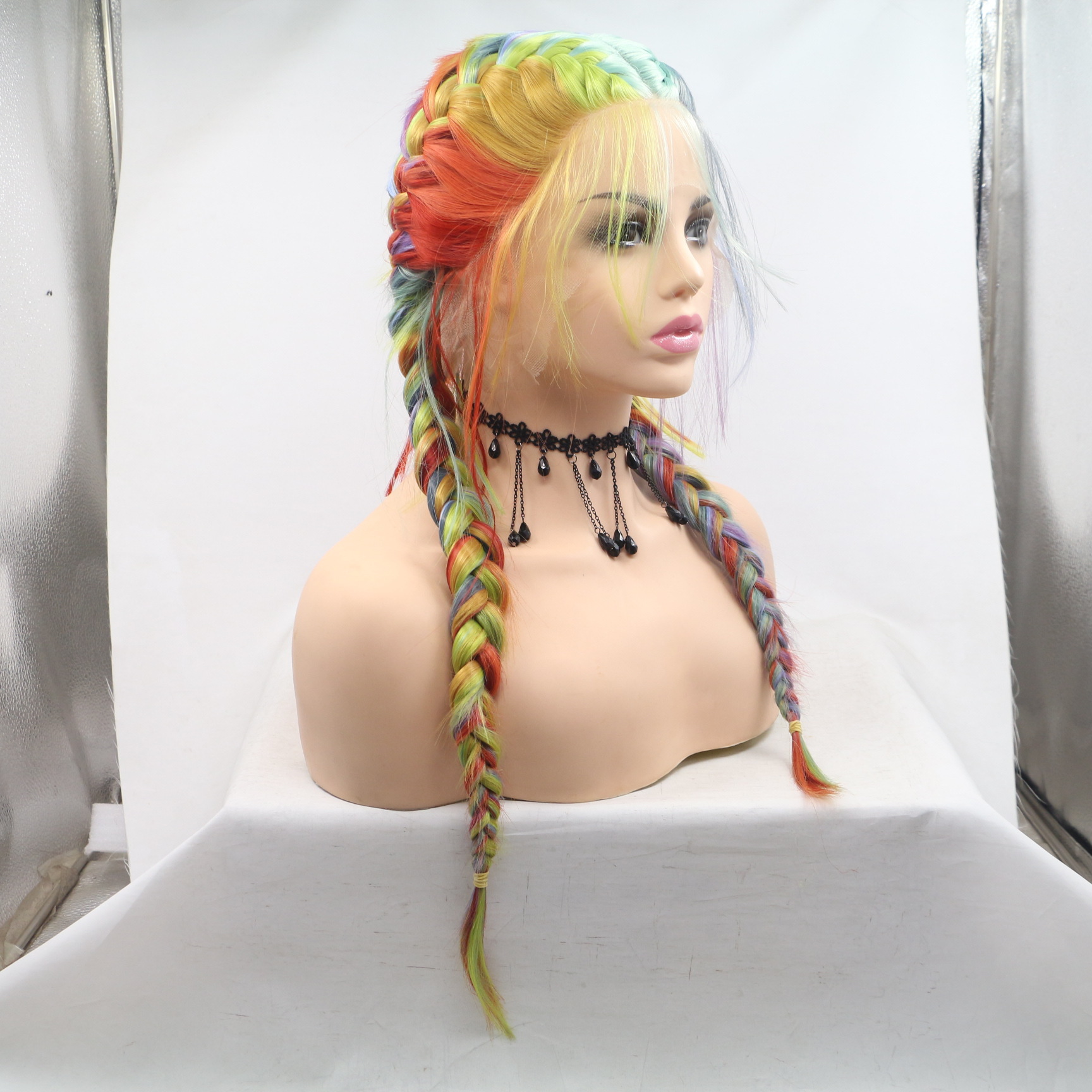 Comercio exterior Europa y América moda fibra química pelucca mujer colorida cabello largo recto pequeño trenza de seda de alta temperatura cubierta de cabeza al por mayor