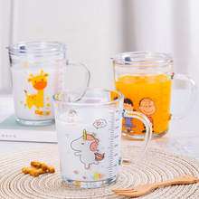 玻璃水杯家用带刻度宝宝牛奶杯带盖儿童创意吸管杯带把手早餐杯