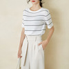 Short Sleeve Striped Pullover T-shirt Korean loose round neck ice silk T-shirt
