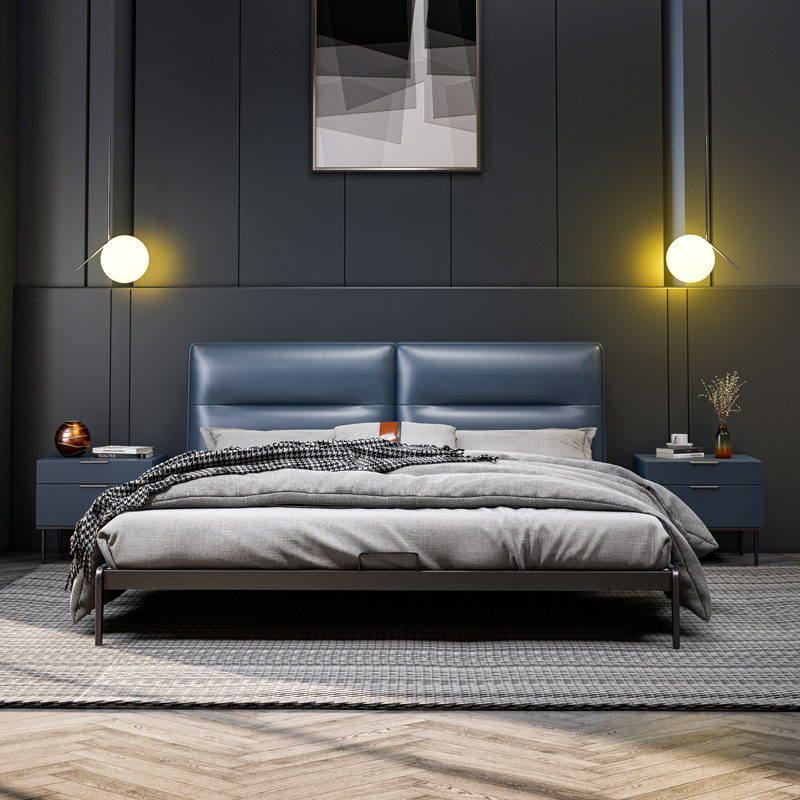 Cama matrimonial moderna minimalista de tamaño king de 1.8 m, cama de matrimonio de cuero genuino, cama tapizada con estructura de hierro, capa superior suave de estilo italiano minimalista