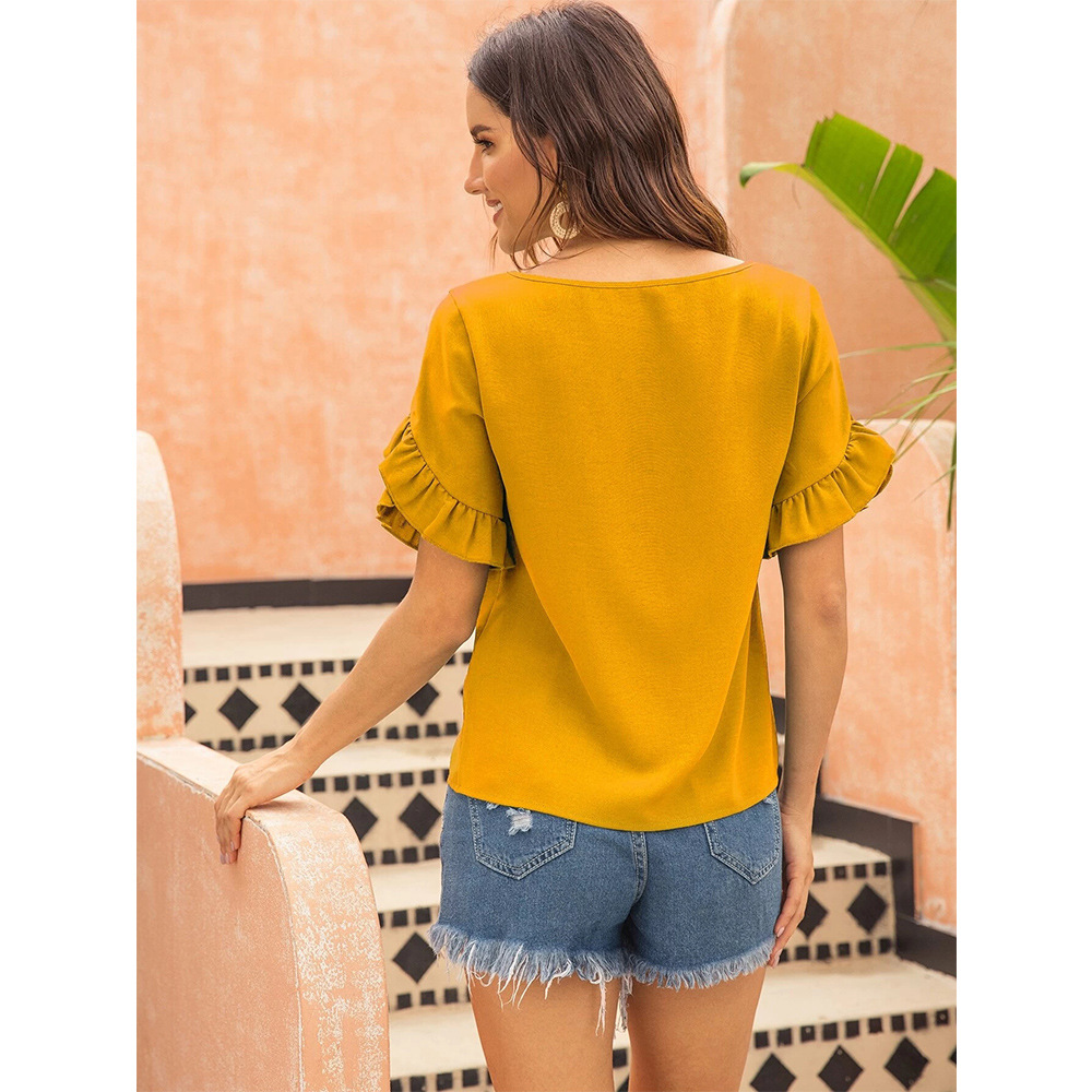 Pure Color Casual Loose Round Neck Ruffle Sleeve T-shirt NSSA39973