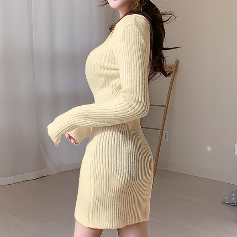 gentle off-white V-neck long-sleeved package hip short knitted dress NSGWY117498