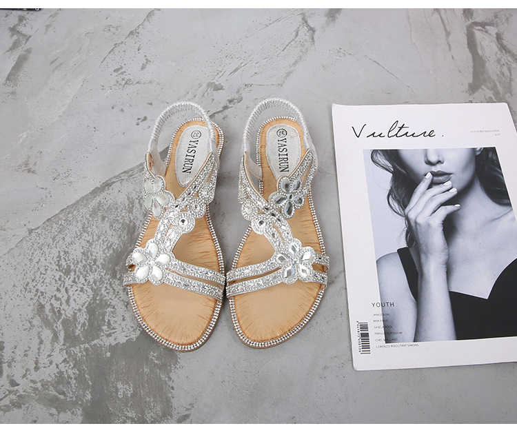 2024 New cross-border large-sized hollowed-out sandals, Bohemian-style women's shoes, summer comfortable flat diamond sandals undefined
