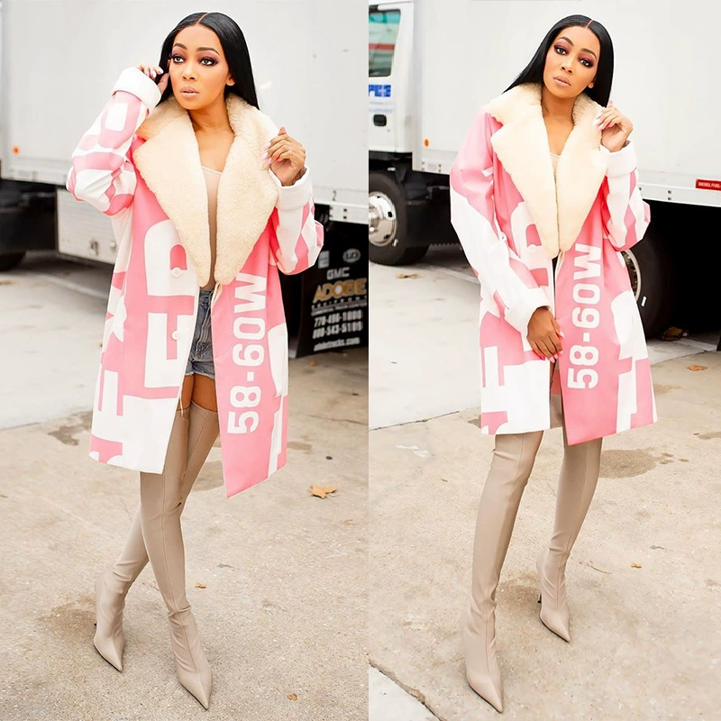 G6257 2020 Европейская и американская мода повседневное женское длинное пальто с меховым воротником и буквенным принтом, осенне-зимнее новое женское длинное пальто