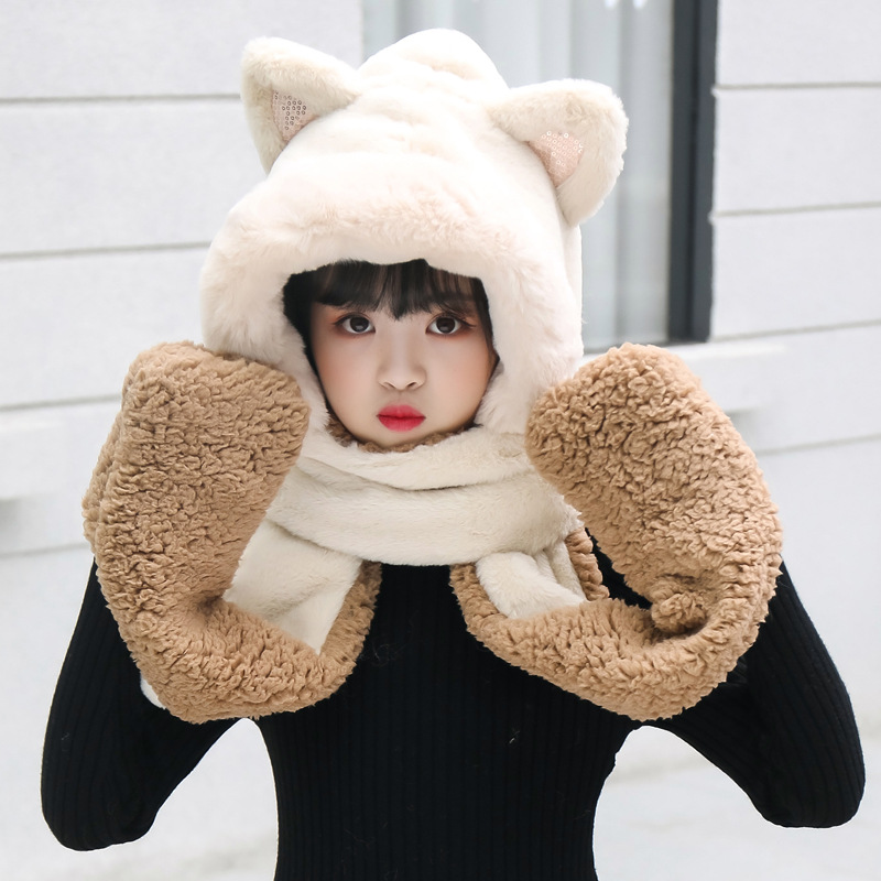 毛绒帽子儿童围巾手套三件套女冬季男童加厚保暖防风宝宝围脖套帽