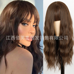非洲跨境假髮女長捲髮帶劉海化纖頭套廠家速賣通支持海外一件代發