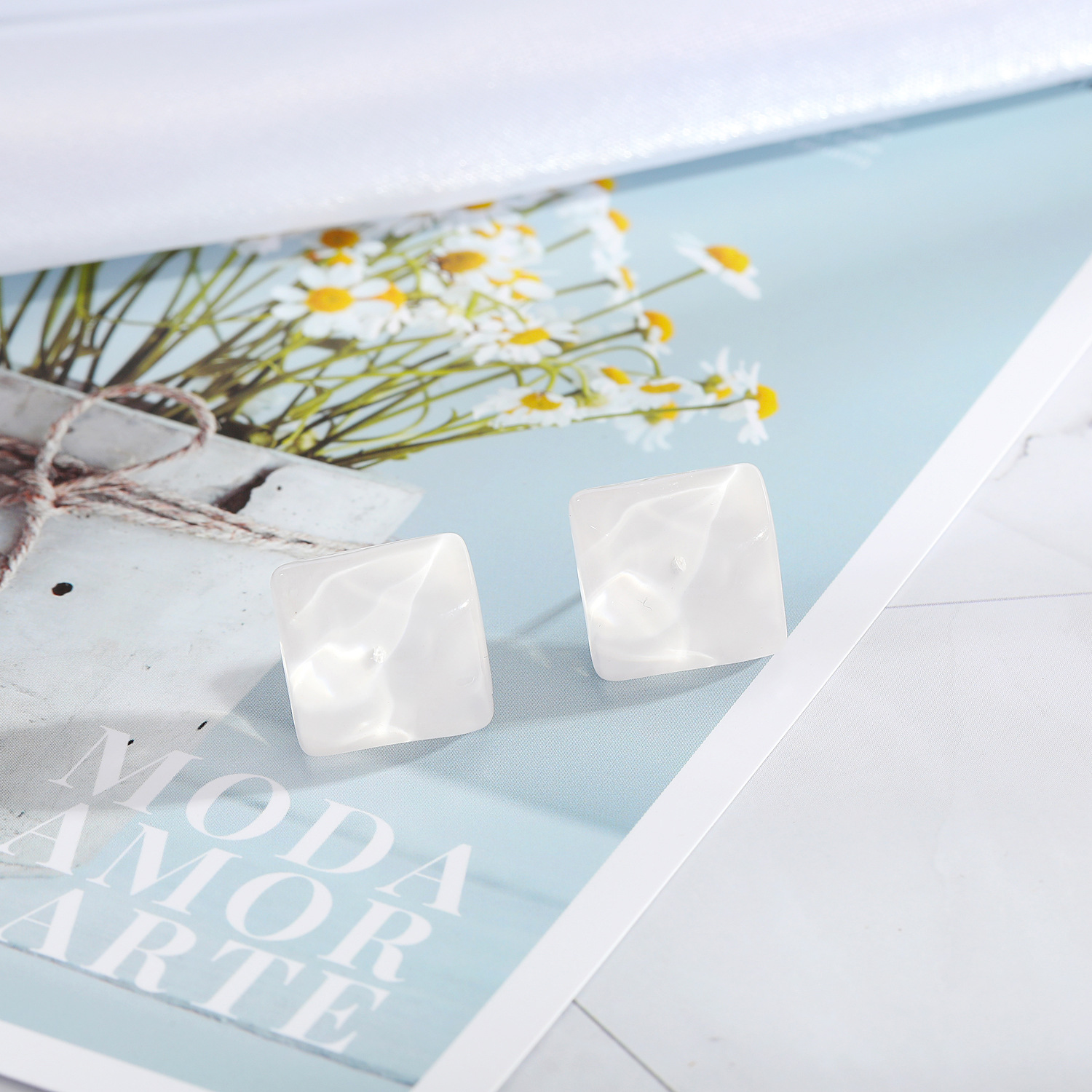 new minimalist 925 silver needle stud wave transparent candy square resin earrings