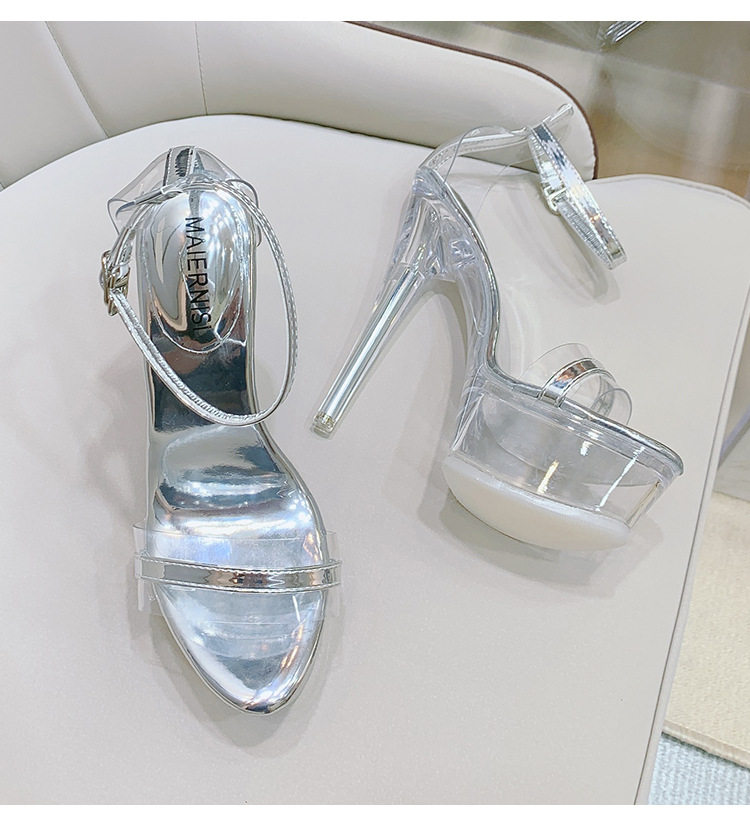 Dép sandal nữ gót nhọn pha lê trong suốt, đế cao 11 cm, quai móc cài — Màu bạc, Màu trắng, Màu đen chi tiết 26
