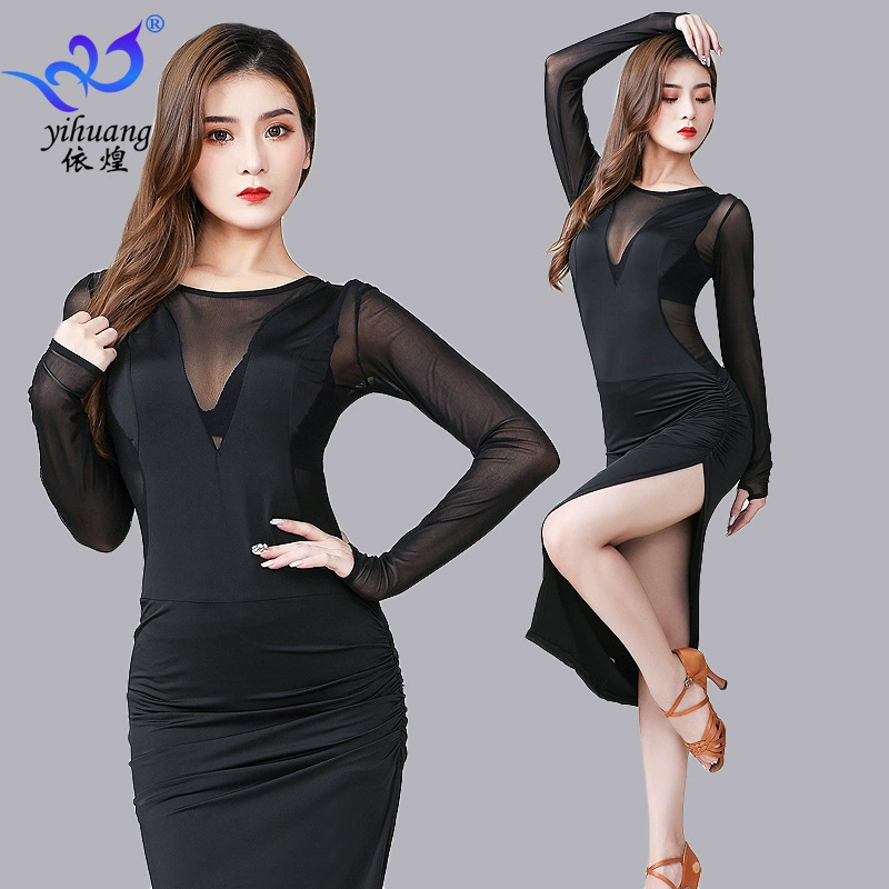 Платье латинского танца Платье с длинным рукавом Практика Платье латинского танца Сетчатое длинное платье Сплит Ледяное шелковое платье Практика