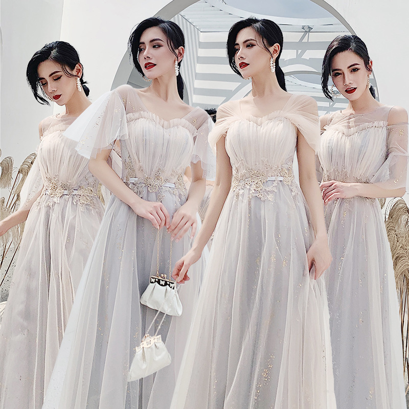 Evening dresses prom dress Vestidos de noche evening gowns Bridesmaid dress  Fairy Spirit covers arms party dress grey girl head