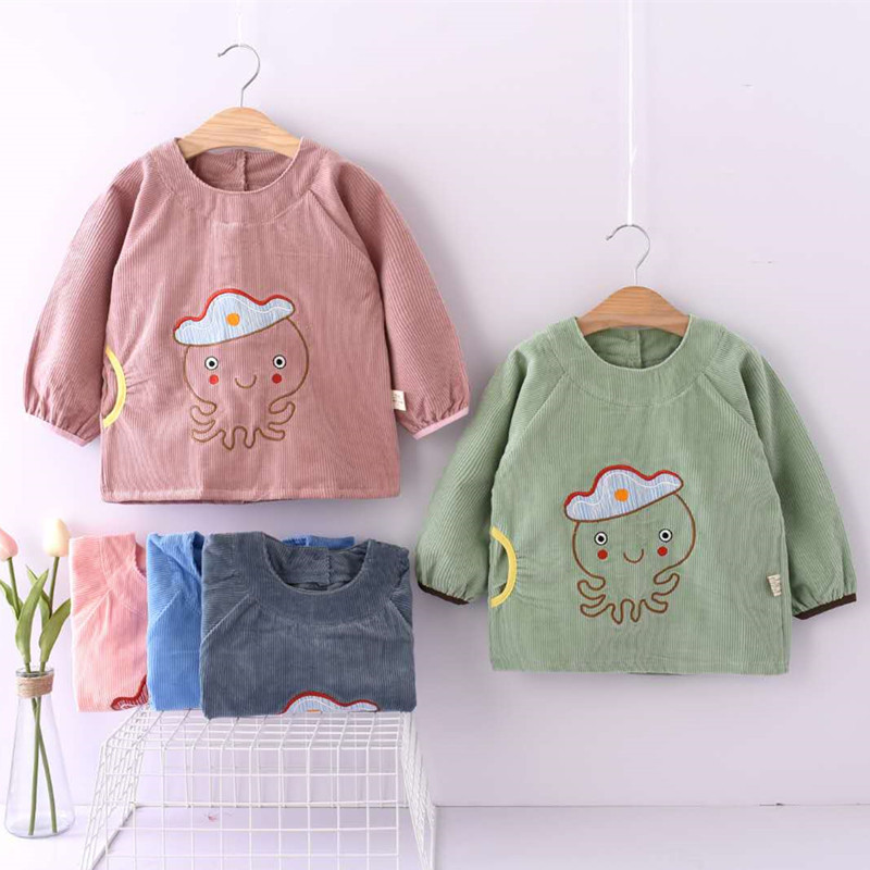 宝宝吃饭围兜防水防脏长袖护衣灯芯绒男女儿童罩衣小孩反穿衣秋冬|ms