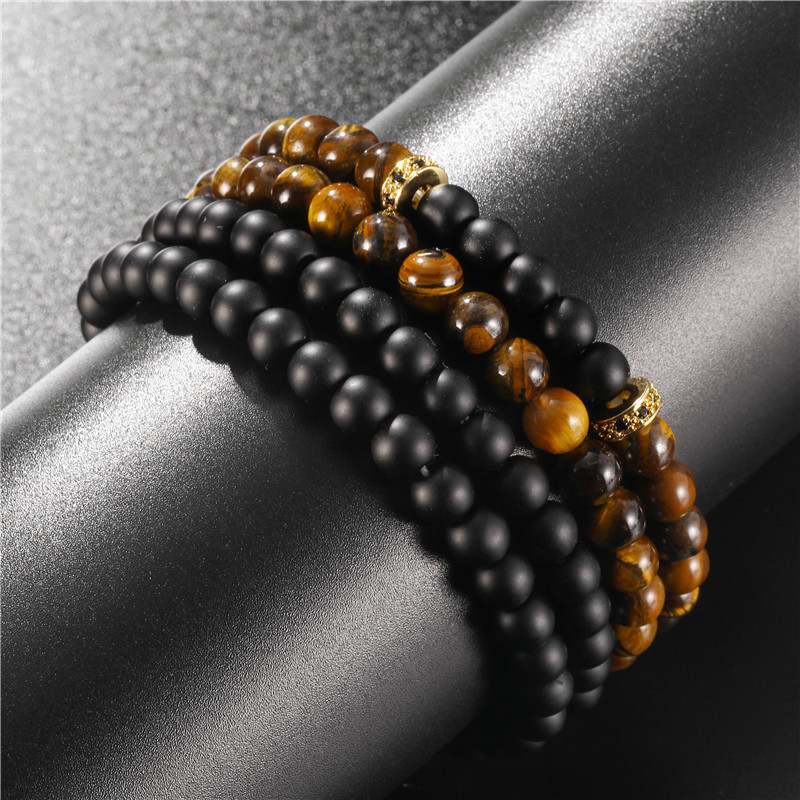 Nihaojewelry 6mm Tiger's Eye Black Frosted Septa Diamond Ring Elastic Four-piece Bracelet Set Men display picture 4