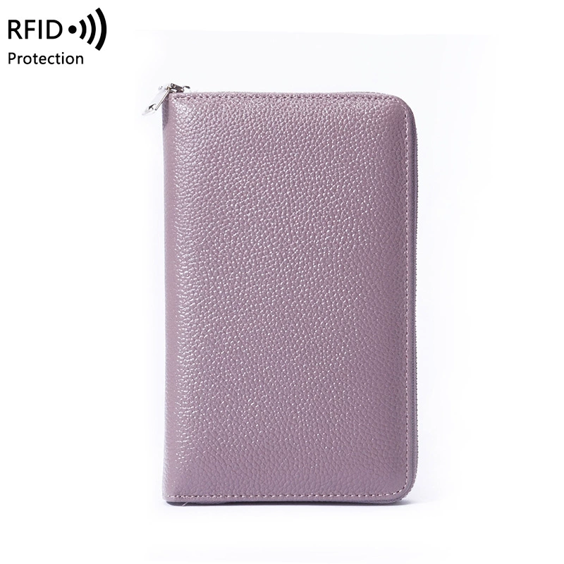 Кожаный паспортник, длинный кошелек из козьей кожи с защитой RFID, молния и цепь