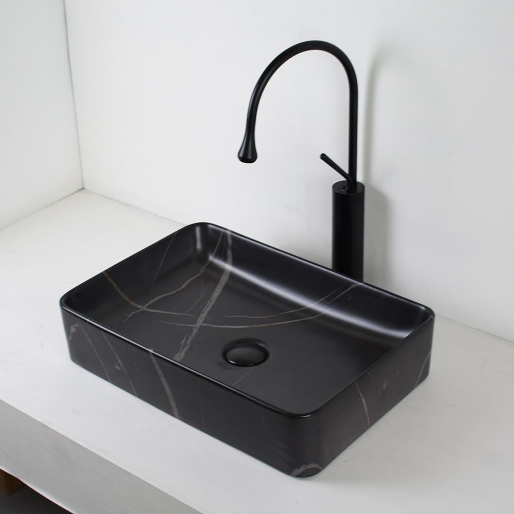 簡約複古黑色大理石紋藝術台上盆啞光陶瓷洗手盆中小戶型洗臉盆