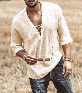 2024 Summer New Product Amazon European and American Men's Clothing Foreign Trade Fashion Drawstring Solid Color T-Shirt Cotton and Linen Men's Dropshipping