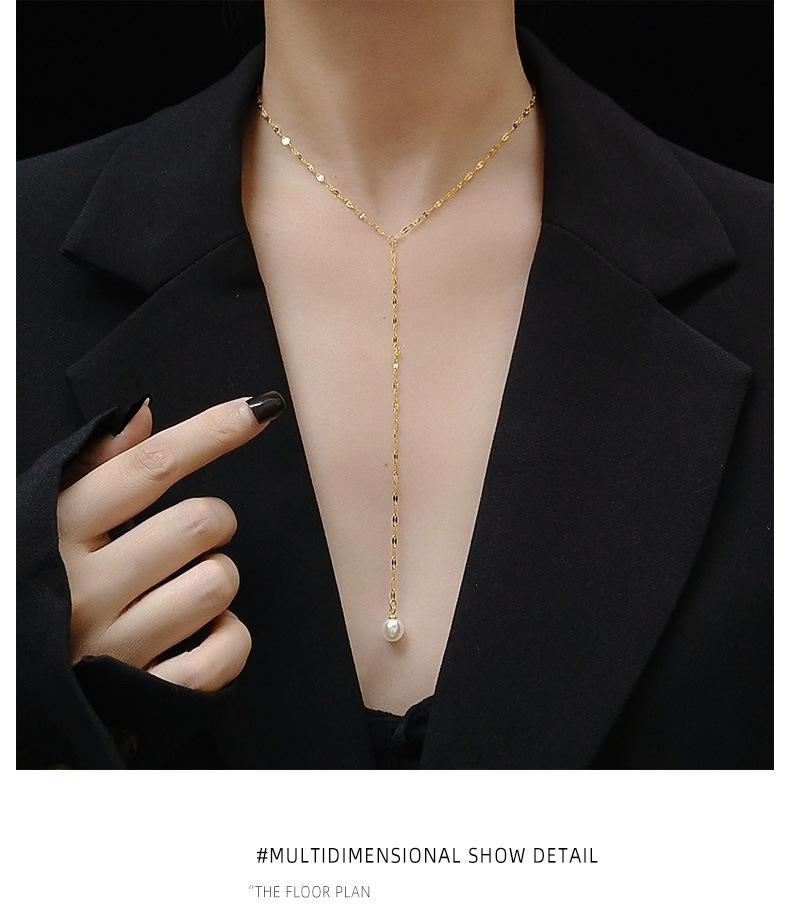 Titanium Steel Plated 18k Real Gold Tassel Long Necklace Pearl Y-shaped Clavicle Necklace Set display picture 13