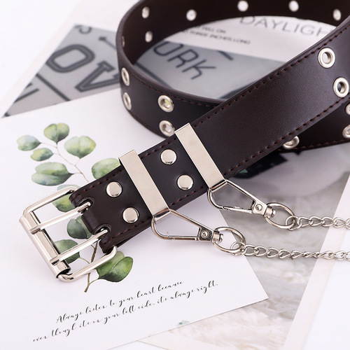 New punk style double exhaust eye PU belt women's Korean style jeans fashion chain decoration wide belt for women