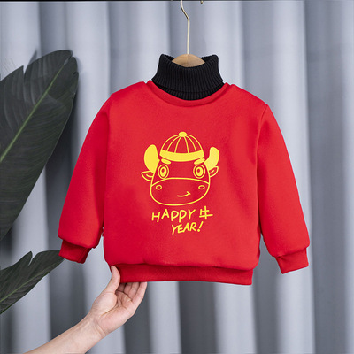 children Happy New Year Sweater Autumn and winter Plush thickening Boy Nubao winter keep warm jacket High collar Jubilation Chinese style