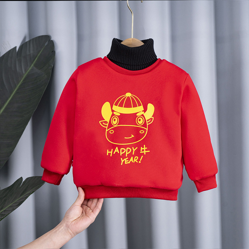 children Happy New Year Sweater Autumn and winter Plush thickening Boy Nubao winter keep warm jacket High collar Jubilation Chinese style
