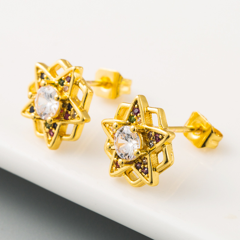 New Original Design Geometric Five-pointed Star Earrings Brass Micro-set Color Zircon Earrings  Wholesale Nihaojewelry display picture 4