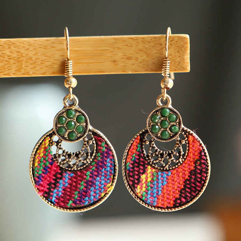 1 Pair Ethnic Style Round Cloth Metal Plating Inlay Artificial Gemstones Women's Drop Earrings display picture 4