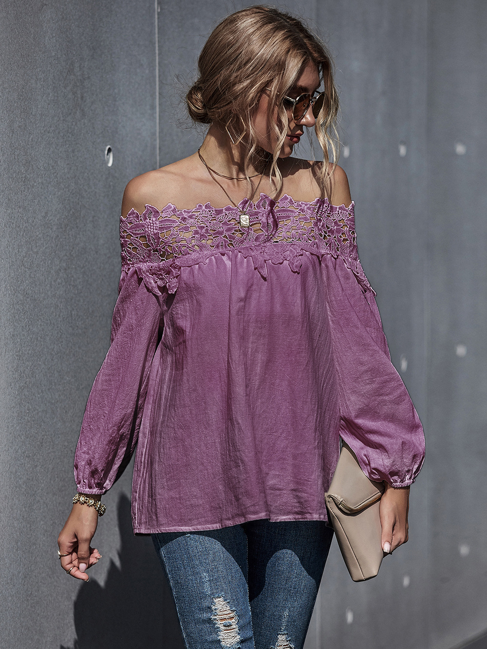 autumn and winter new women s lace stitching sexy one-shoulder puff sleeve blouse NSDF339