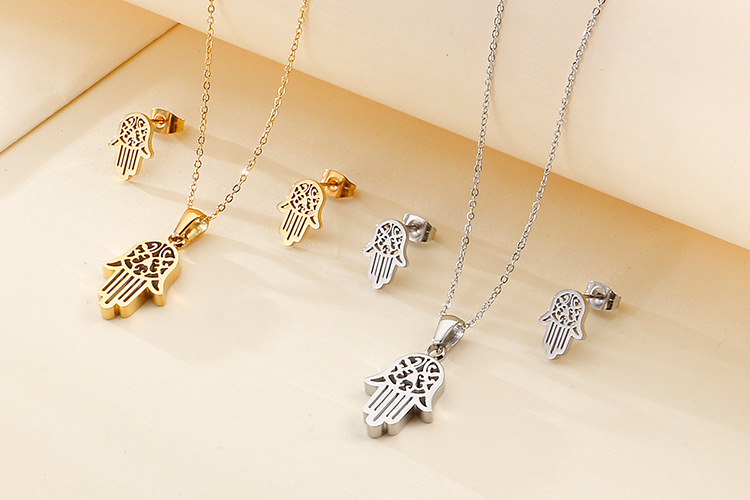 Stainless Ornament Kazam Palm Titanium Steel Pendant Fatima Hand Stainless Steel Necklace and Earrin