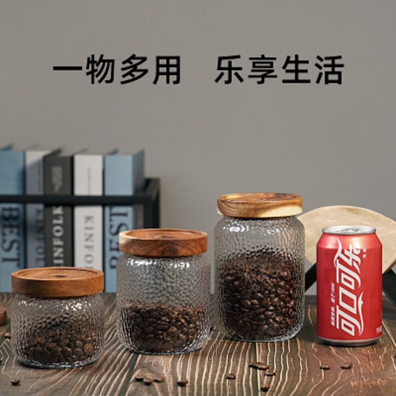 Fábrica al por mayor de madera de acacia tarro de almacenamiento transparente martillado de vidrio sellado tarro de té de vidrio tarro sellado de té