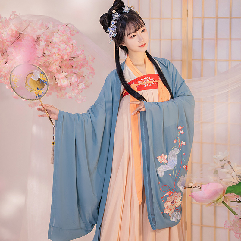 重工刺绣【戏鱼莲】汉服女新款刺绣大袖衫中国风套装春夏新款