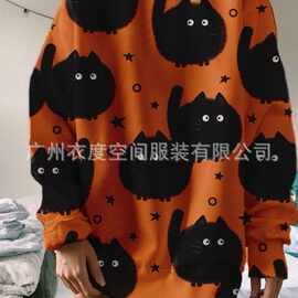 2020秋冬欧美跨境亚马逊独立站万圣节新款猫印花女士休闲卫衣