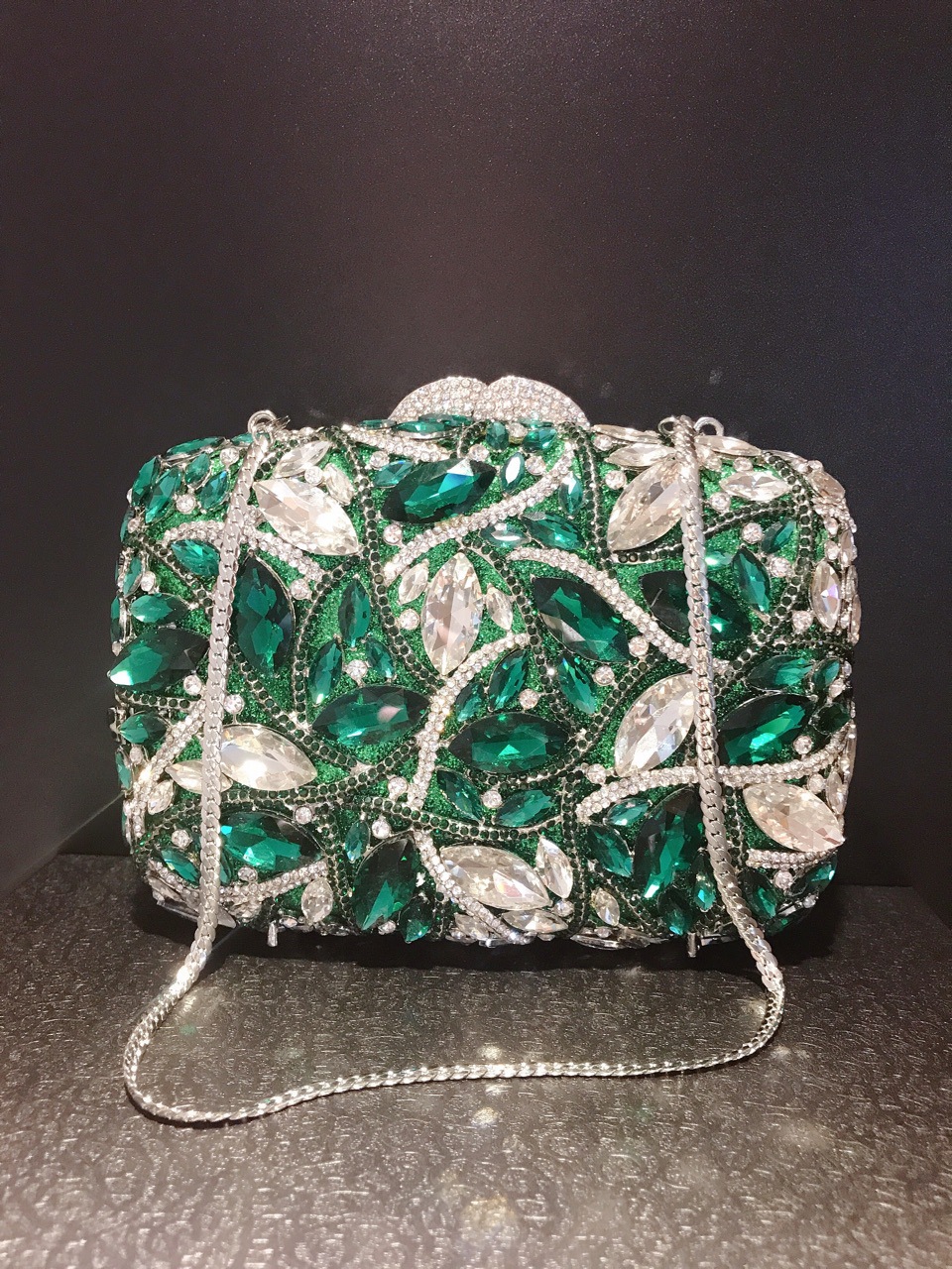 Túi clutch nữ đính đá thủy tinh lấp lánh dự tiệc — Xanh Lục Bạc, Màu xanh lá, Màu đỏ, Màu bạc chi tiết 1