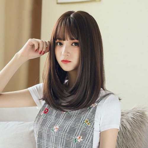 Korean style fashionable air bangs wig for women with long hair full headgear natural clavicle straight hair bob wig headgear