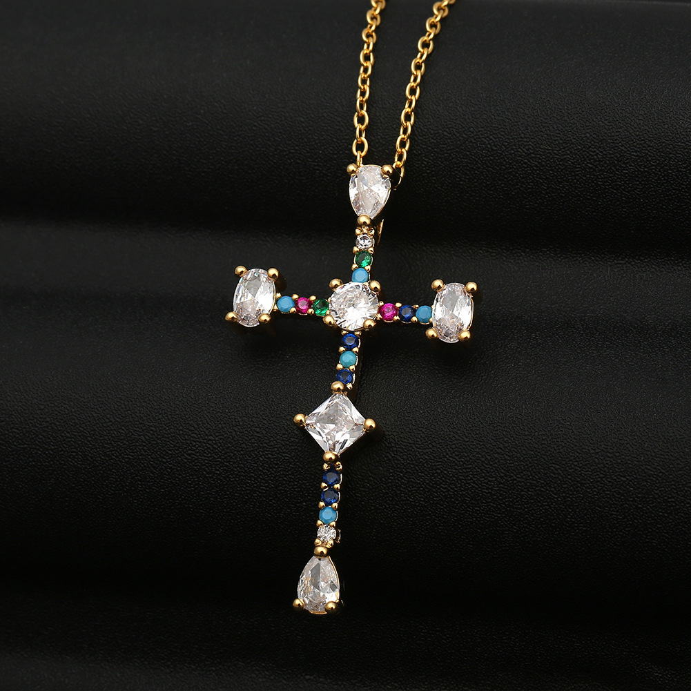 copper micro-inlaid zircon cross necklace