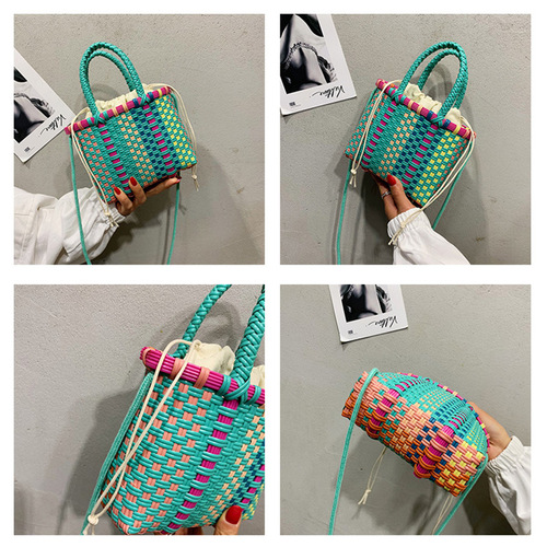 PVC straw bag pure handmade contrasting color straw bag woven bag shoulder portable crossbody bag vacation beach bag