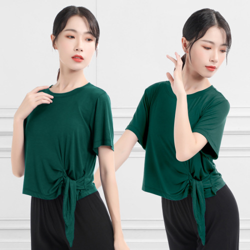 Dark green black Modern dance ballet latin practice loose tops shirts for women exercises yoga arobics clothes for women short-sleeved body training clothing