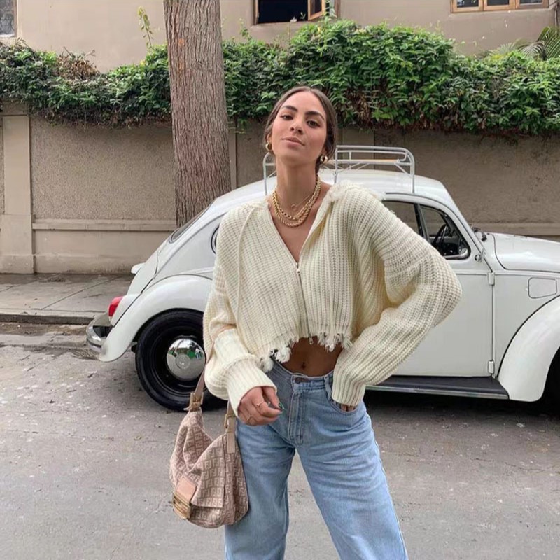 Chaqueta de Punto con Capucha y Borlas para Mujer, Estilo Europeo y Americano, Comercio Exterior Transfronterizo de Amazon, Suéter con Cremallera, Chaqueta de Punto, 2025