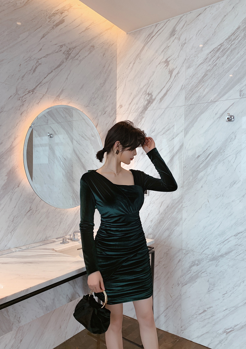 Đầm nhung dài tay ôm dáng dạ hội thiết kế tinh tế — Màu xanh lá chi tiết 8