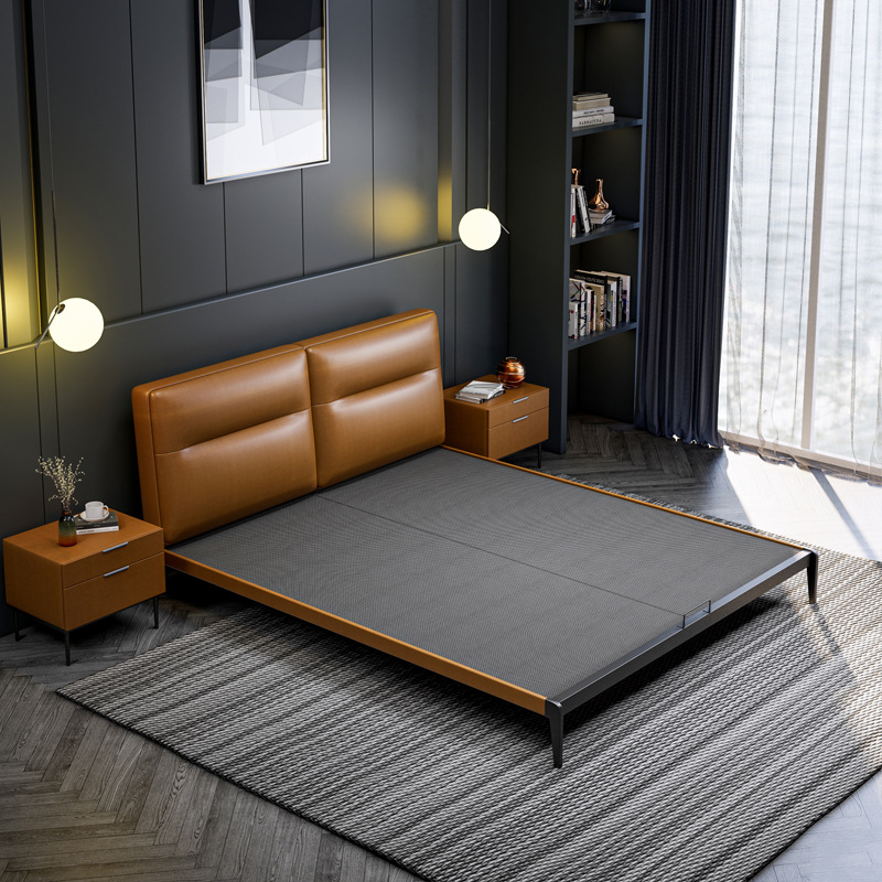 Cama matrimonial moderna minimalista de tamaño king de 1.8 m, cama de matrimonio de cuero genuino, cama tapizada con estructura de hierro, capa superior suave de estilo italiano minimalista