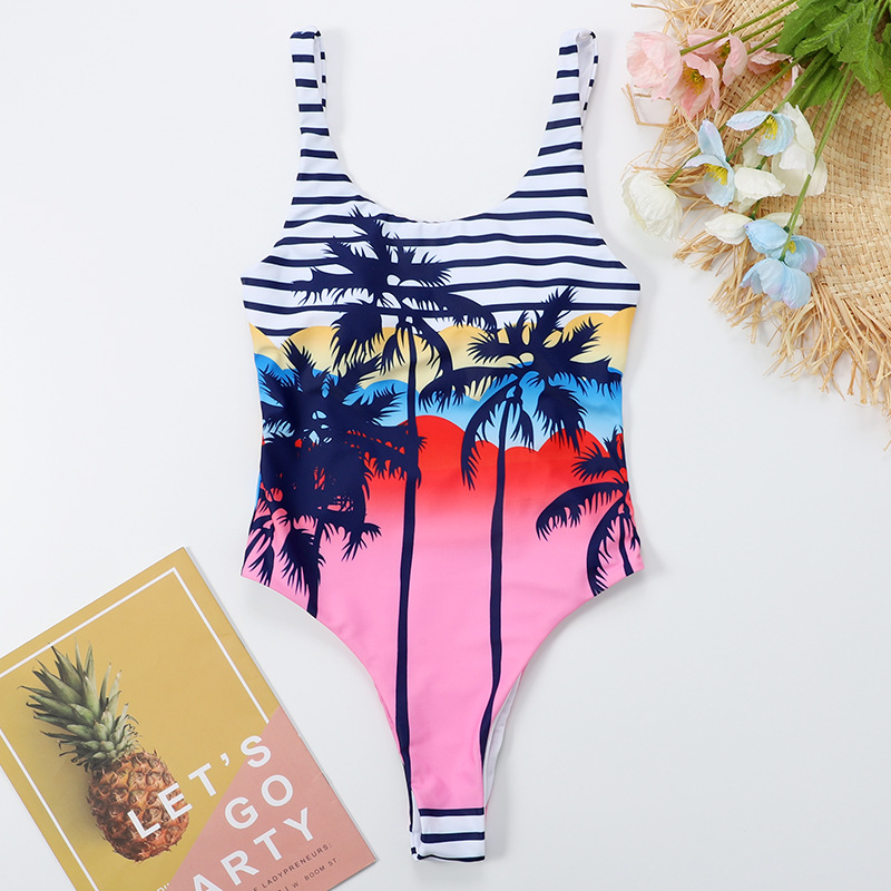 striped printed one-piece triangle backless swimsuit  NSHL31544