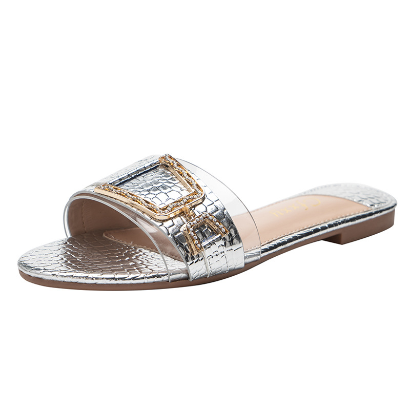 Cfxxy Cross Border Stone Pattern Flat Women S Sandales Pantoufles Mode Strass Boucle De Ceinture_voghion.com