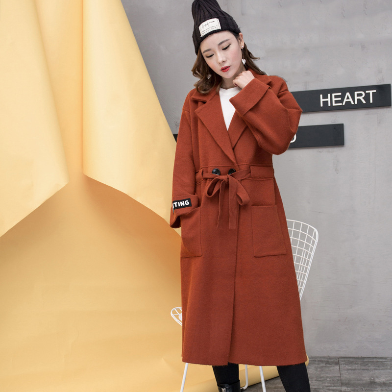 原创女装2019秋冬长款毛衣外套女加厚宽松时尚仿貂绒系带纯色大衣|ms