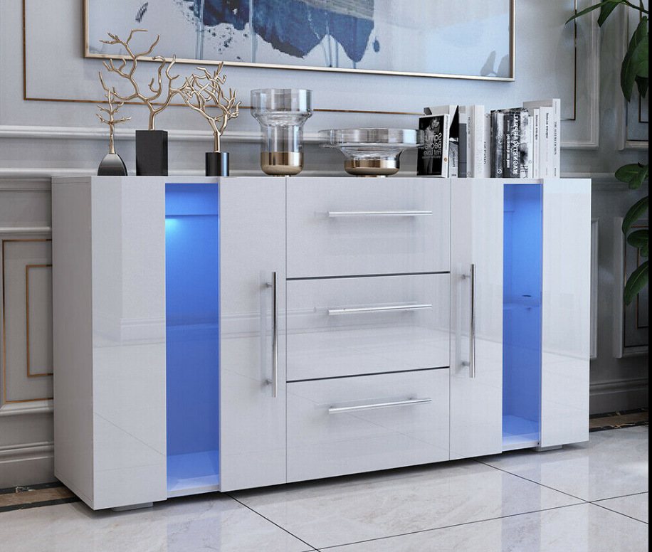 Moda 3-puerta 2-puerta blanco con luz LED de almacenamiento aparador gabinete sala de estar comedor aparador gabinete