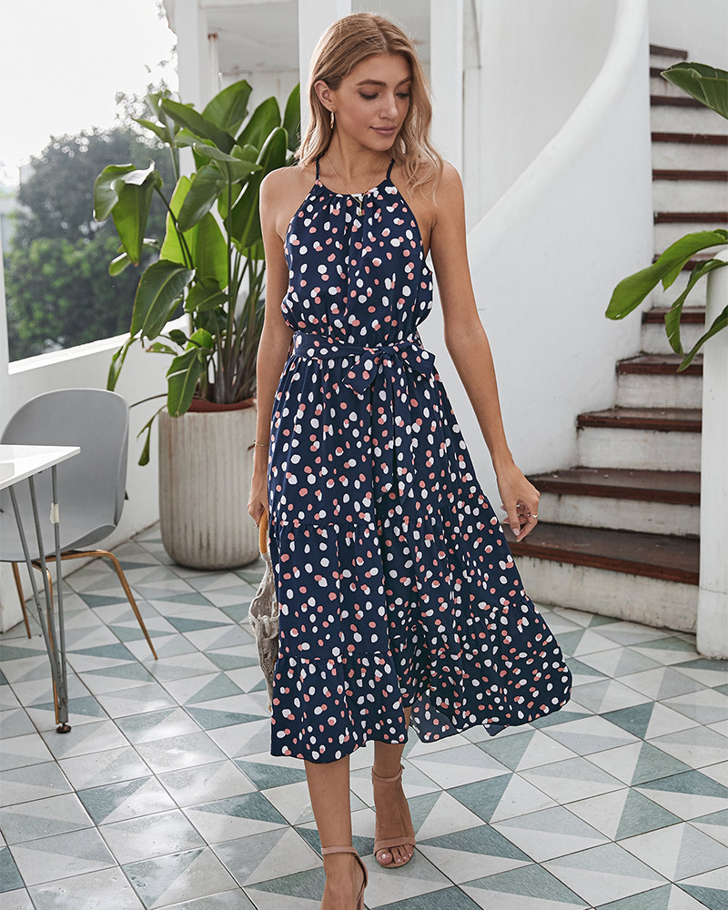 Summer Polka Dot Vacation Style Large Swing Dress in Dresses