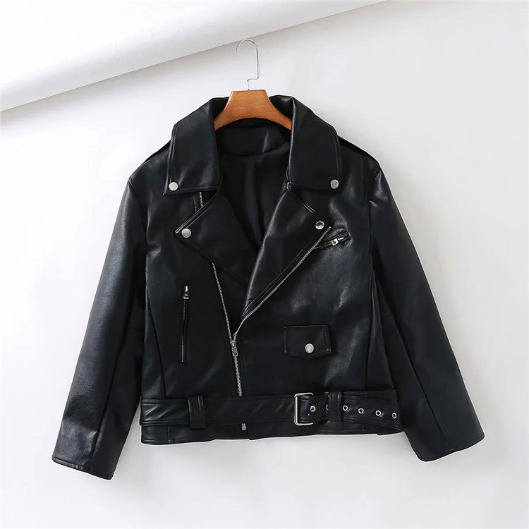 lapel loose zipper leather jacket NSLD16233