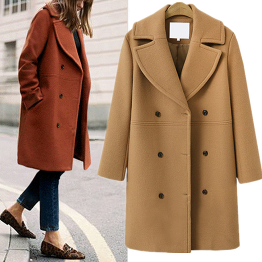 European and American autumn and winter large cross-border women's woolen coat women's double breasted medium and long windbreaker wool coat wholesale