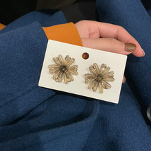 韩国东大门925银针耳环香槟灰水晶手工设计花朵闪钻气质优雅耳钉